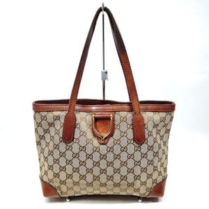 GUCCI Large Stirrup GG Logo Canvas Brown Leather Tote Shoulder Bag